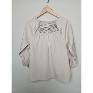 Chico's Top 2 Women L Lace Crochet Taupe Beige Neutral Cotton Stretch Boho Chic